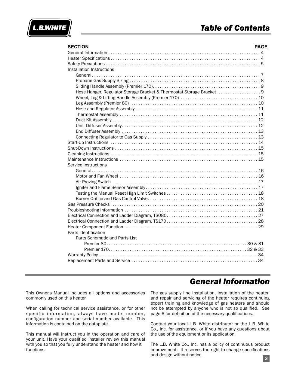 Table of contents general information | L.B. White 170 Premier User Manual | Page 3 / 34