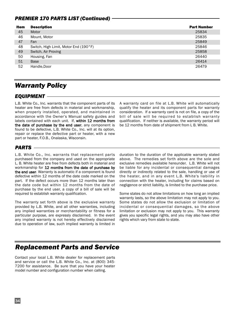 Warranty policy replacement parts and service, Equipment parts, Premier 170 parts list (continued) | L.B. White 170 Premier User Manual | Page 34 / 34