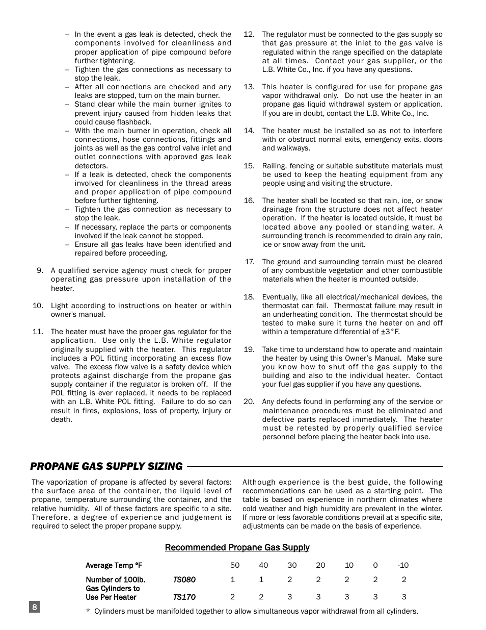 Propane gas supply sizing | L.B. White 170 Premier User Manual | Page 8 / 34