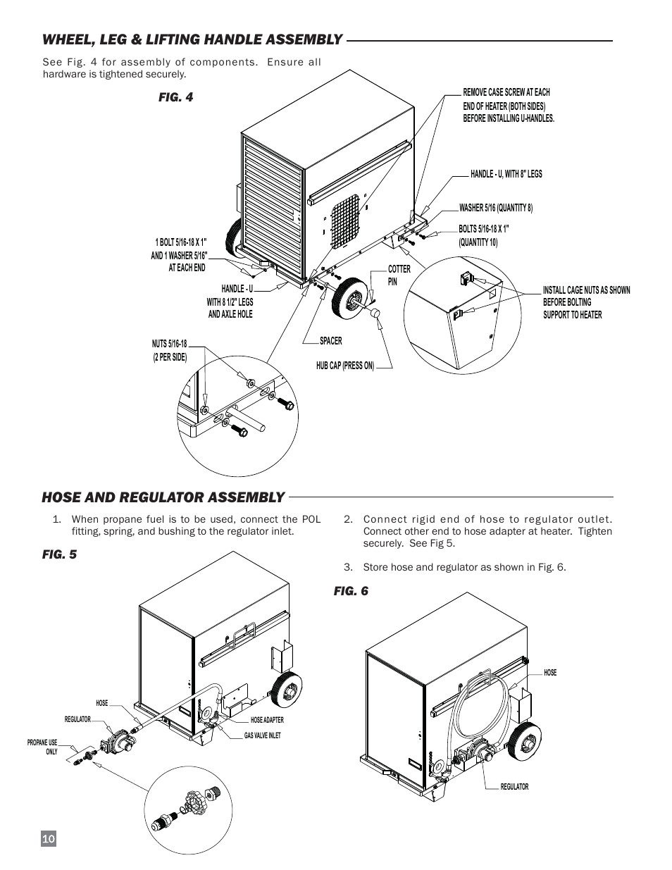 Wheel, leg & lifting handle assembly, Hose and regulator assembly | L.B. White 170 Dual Fuel User Manual | Page 10 / 30