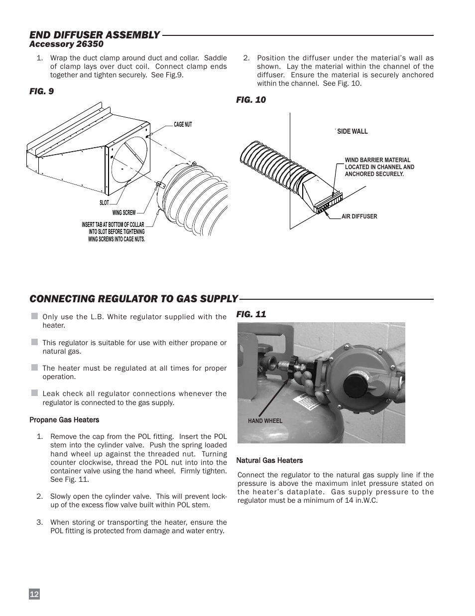 End diffuser assembly, Connecting regulator to gas supply | L.B. White 170 Dual Fuel User Manual | Page 12 / 30