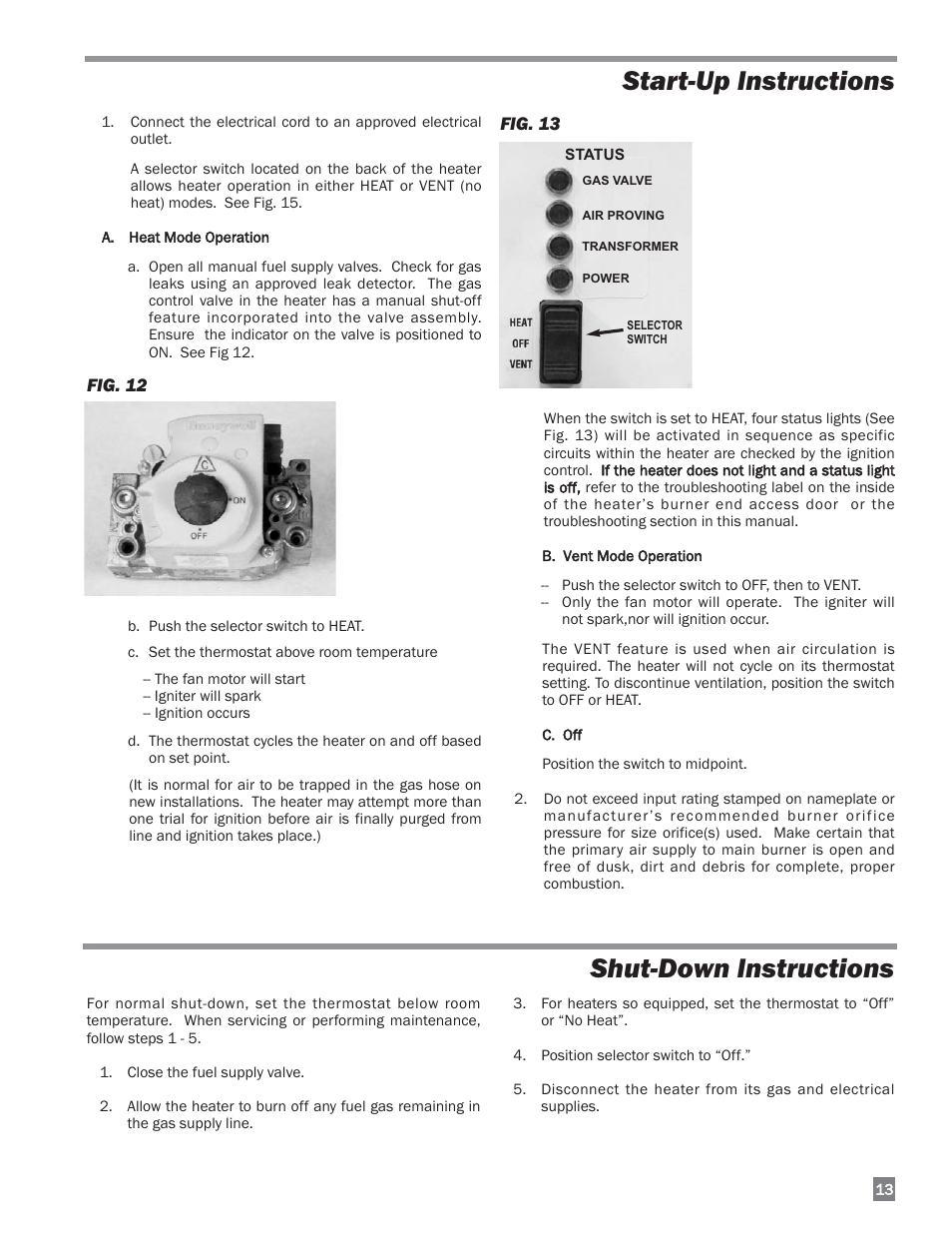 Start-up instructions, Shut-down instructions | L.B. White 170 Dual Fuel User Manual | Page 13 / 30