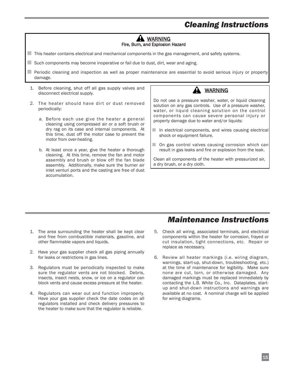 Maintenance instructions, Cleaning instructions | L.B. White 170 Dual Fuel User Manual | Page 15 / 30