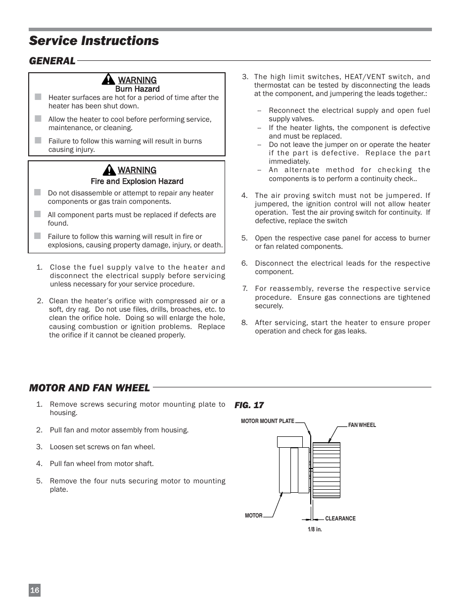 Service instructions, Motor and fan wheel, General | L.B. White 170 Dual Fuel User Manual | Page 16 / 30