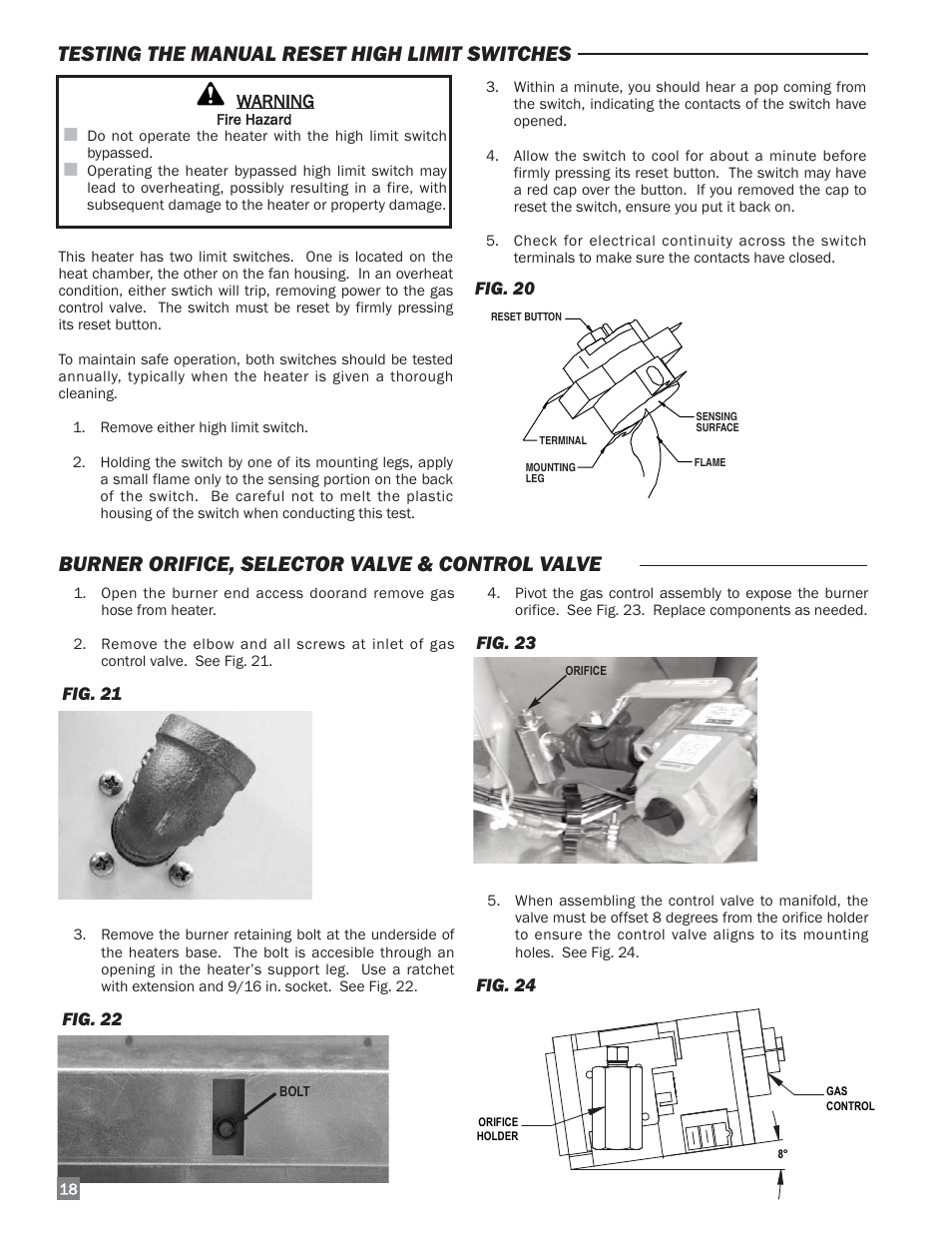 Burner orifice, selector valve & control valve, Testing the manual reset high limit switches | L.B. White 170 Dual Fuel User Manual | Page 18 / 30