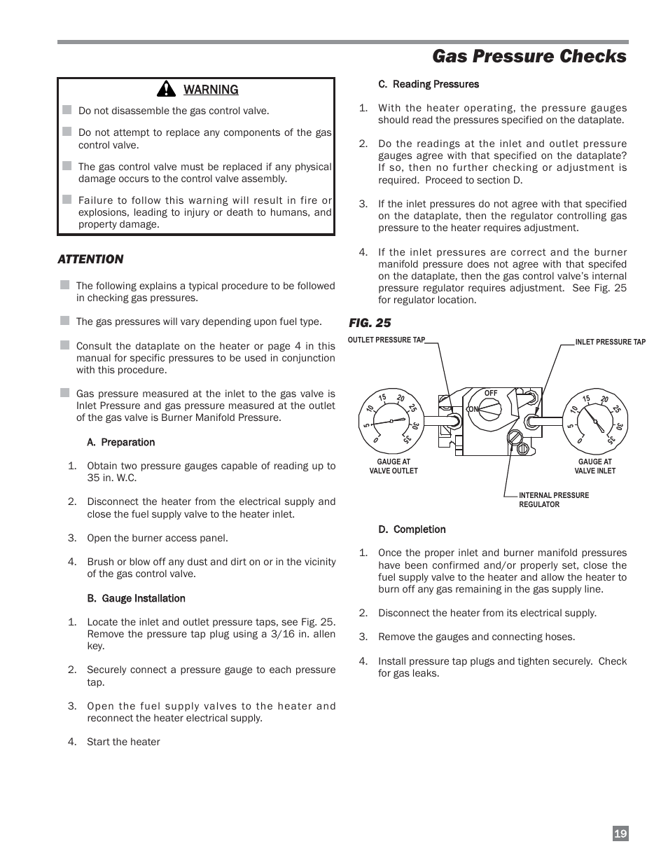 Gas pressure checks, Attention, Fig. 25 | Warning | L.B. White 170 Dual Fuel User Manual | Page 19 / 30