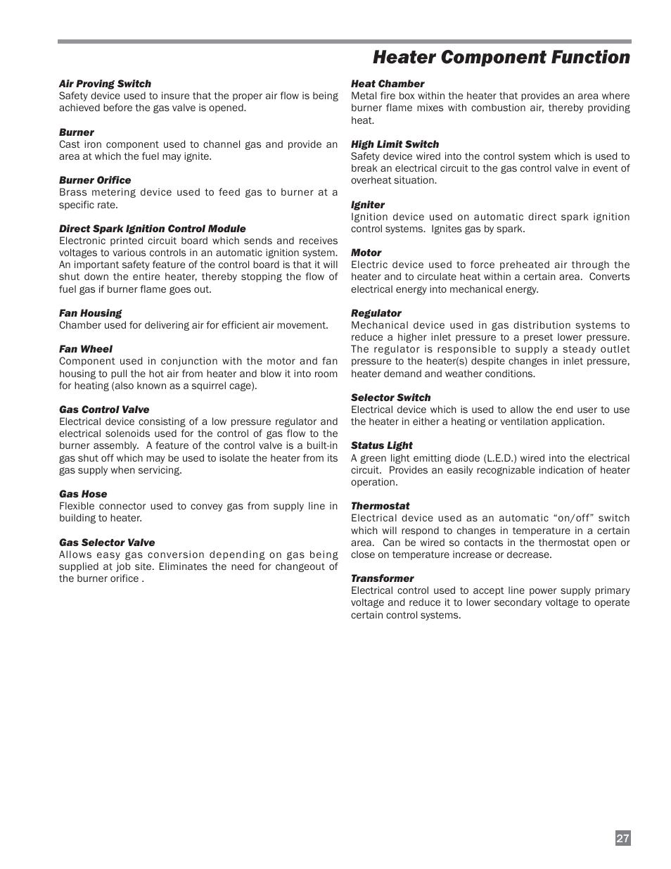 Heater component function | L.B. White 170 Dual Fuel User Manual | Page 27 / 30