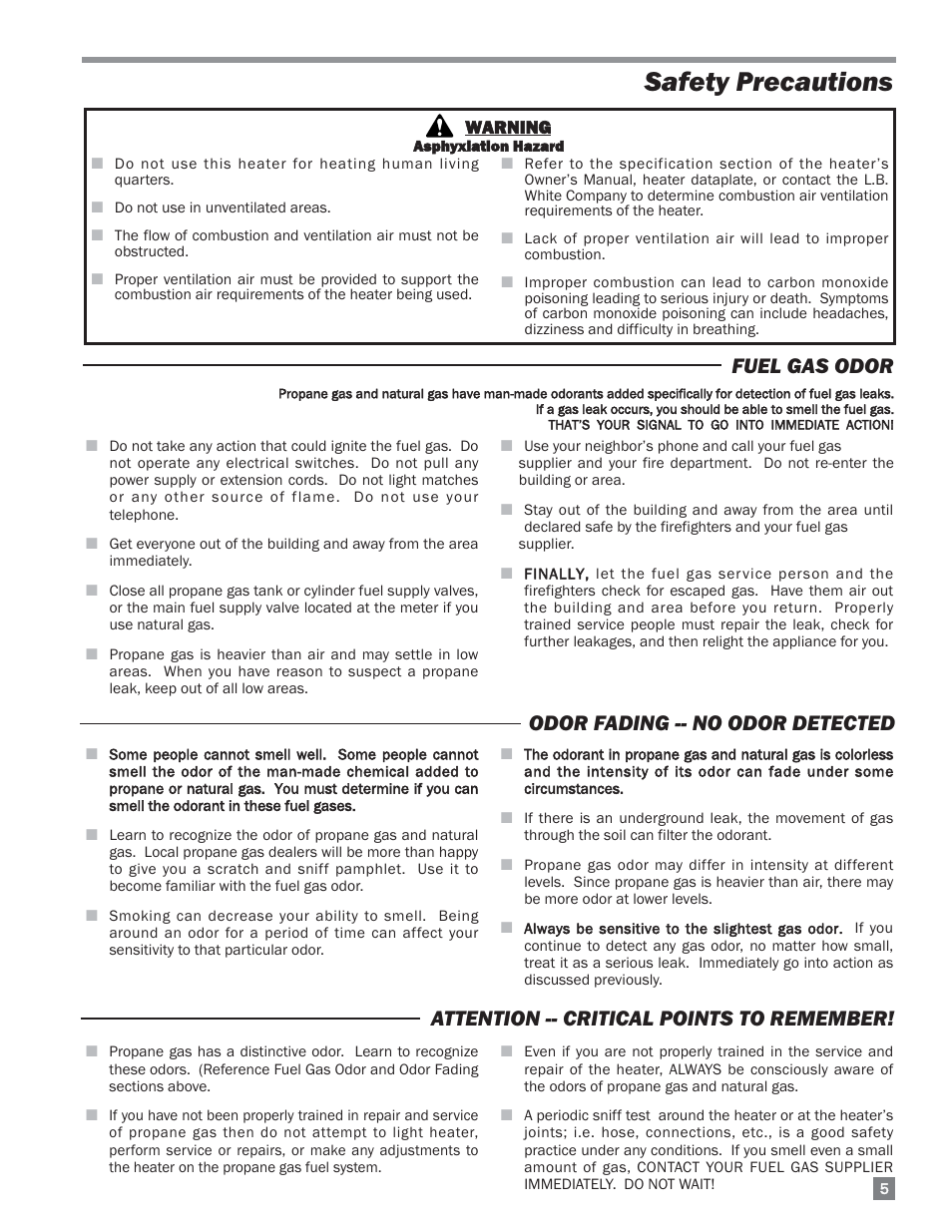 Safety precautions, Fuel gas odor | L.B. White 170 Dual Fuel User Manual | Page 5 / 30