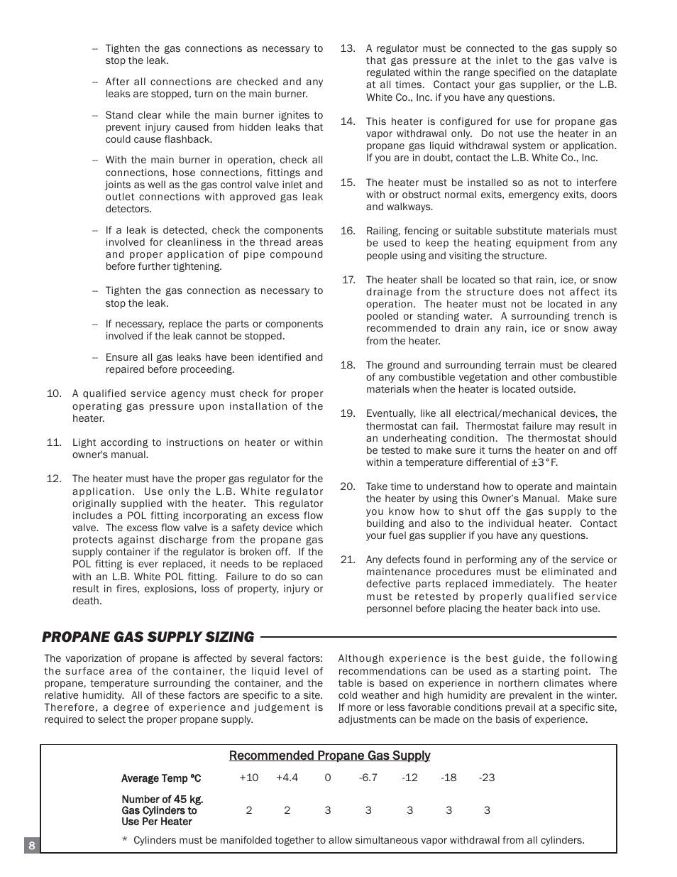 Propane gas supply sizing | L.B. White 170 Dual Fuel User Manual | Page 8 / 30