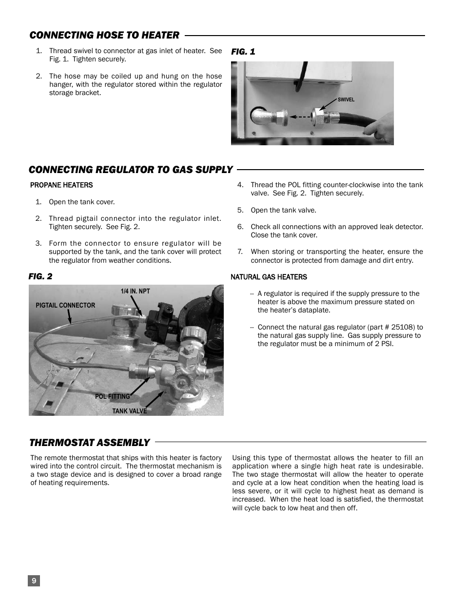 Thermostat assembly, Connecting regulator to gas supply, Connecting hose to heater | L.B. White 350 Premier User Manual | Page 10 / 33