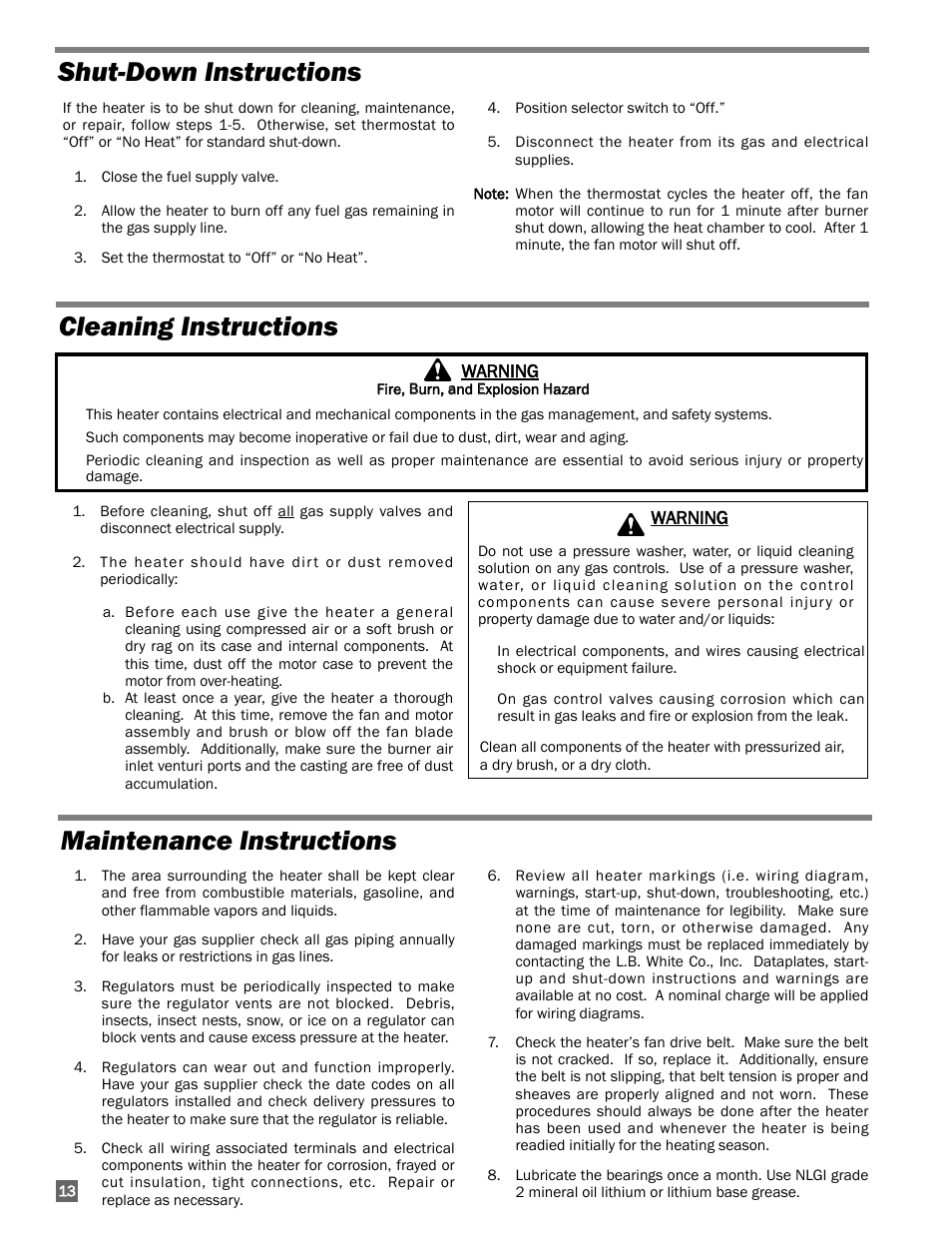 Shut-down instructions, Cleaning instructions, Maintenance instructions | L.B. White 350 Premier User Manual | Page 14 / 33