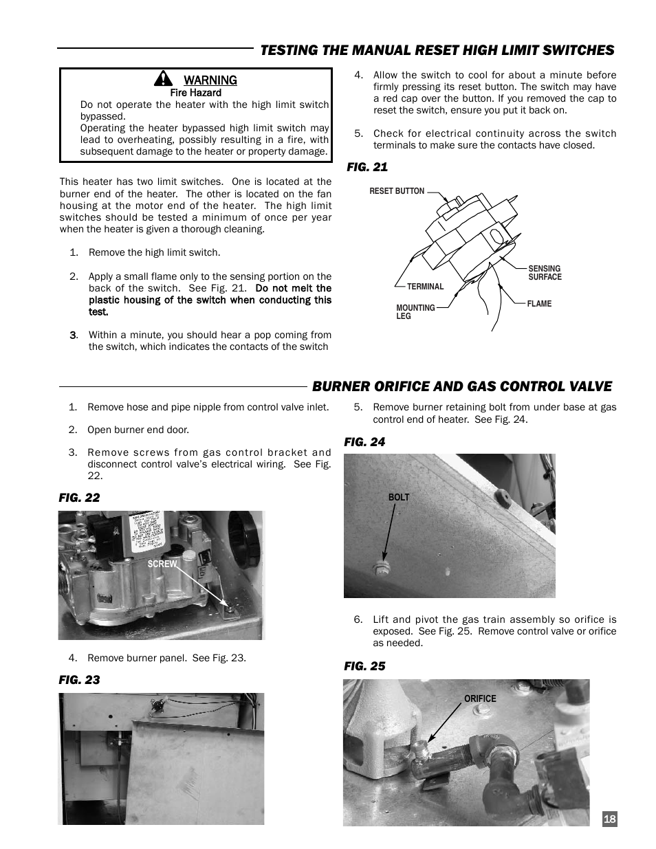 Burner orifice and gas control valve, Testing the manual reset high limit switches | L.B. White 350 Premier User Manual | Page 19 / 33