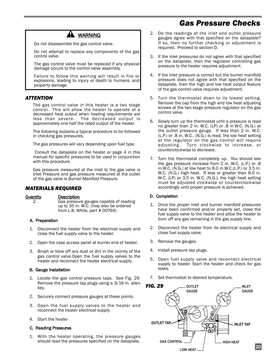 Gas pressure checks, Attention, Materials required | Fig. 29 warning | L.B. White 350 Premier User Manual | Page 21 / 33