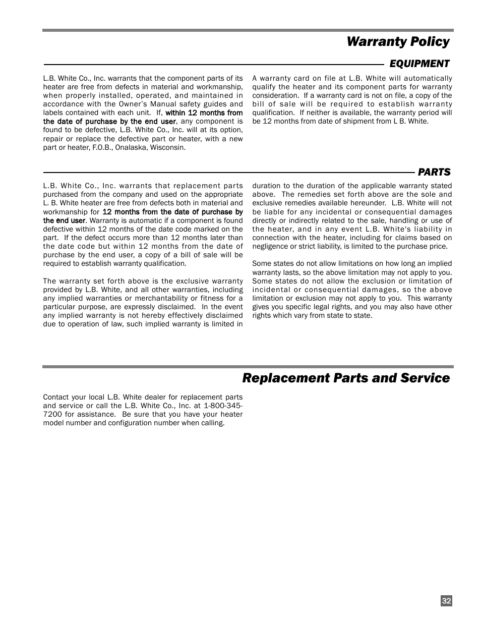 Warranty policy replacement parts and service, Equipment parts | L.B. White 350 Premier User Manual | Page 33 / 33