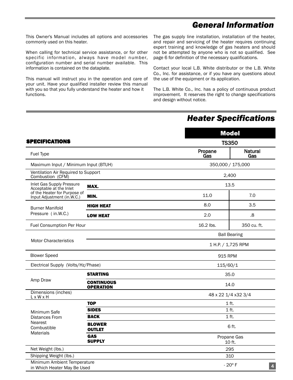 Heater specifications, General information, Model | L.B. White 350 Premier User Manual | Page 5 / 33