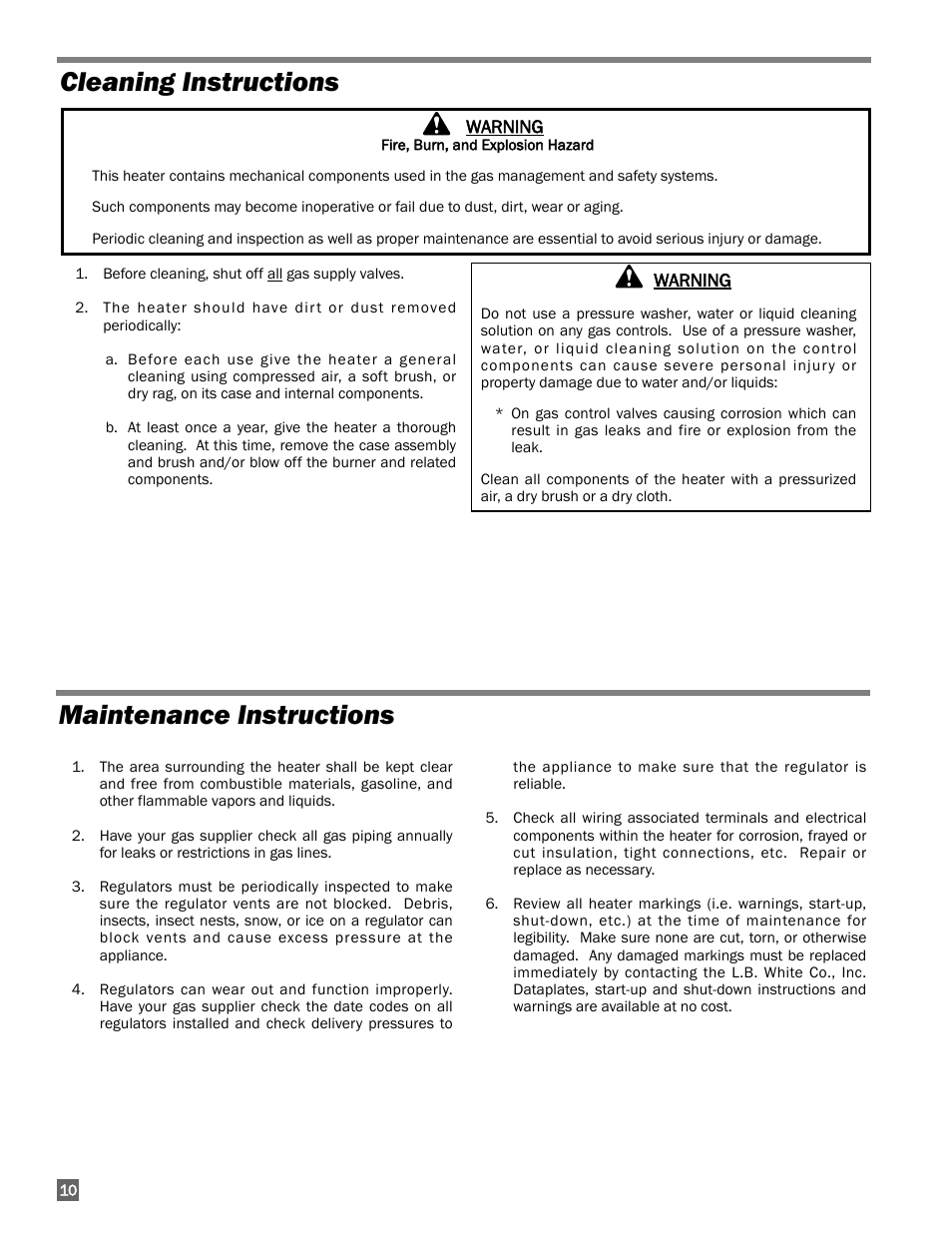 Cleaning instructions maintenance instructions | L.B. White 100 Workman - Standard LP User Manual | Page 10 / 18