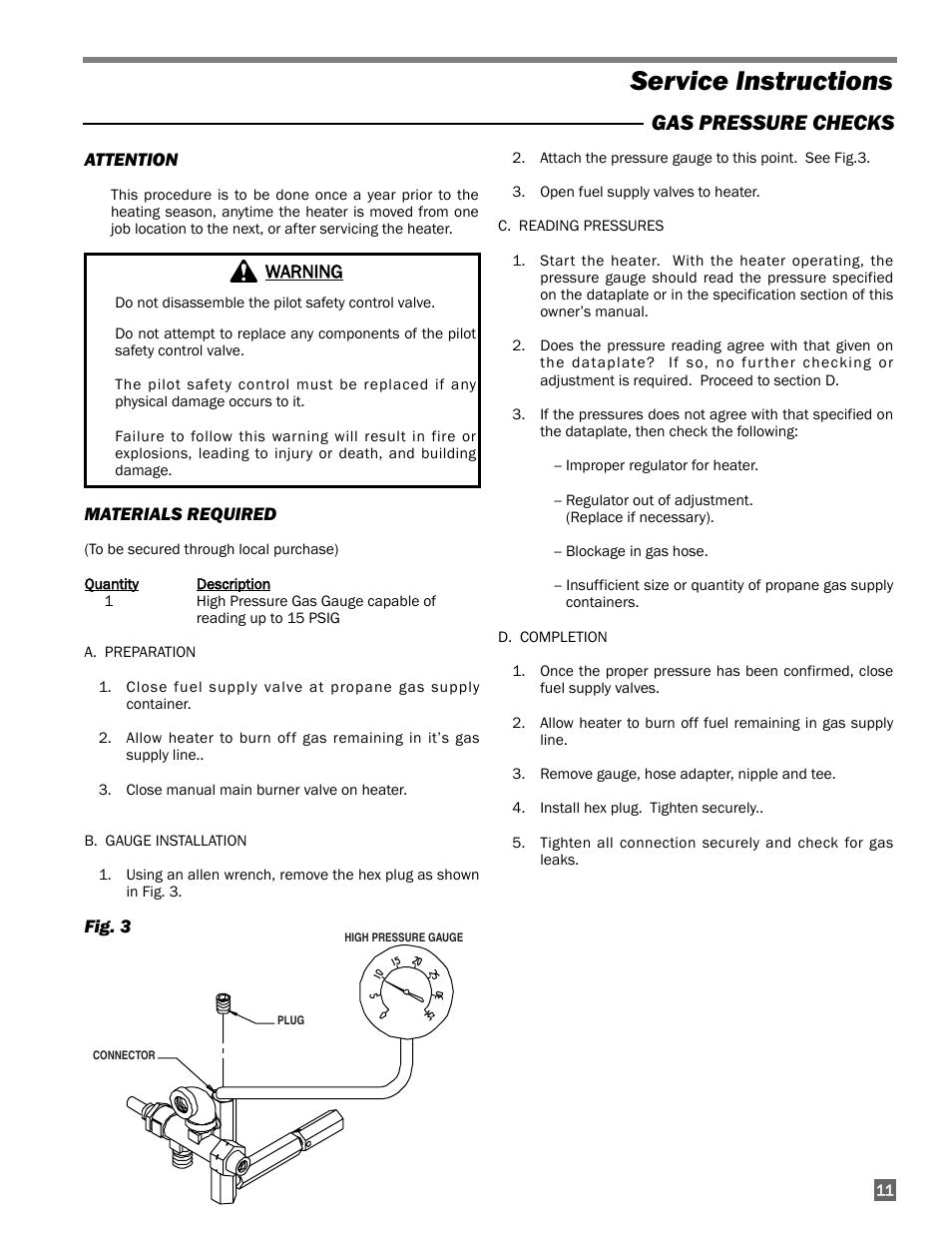 Service instructions, Gas pressure checks | L.B. White 100 Workman - Standard LP User Manual | Page 11 / 18