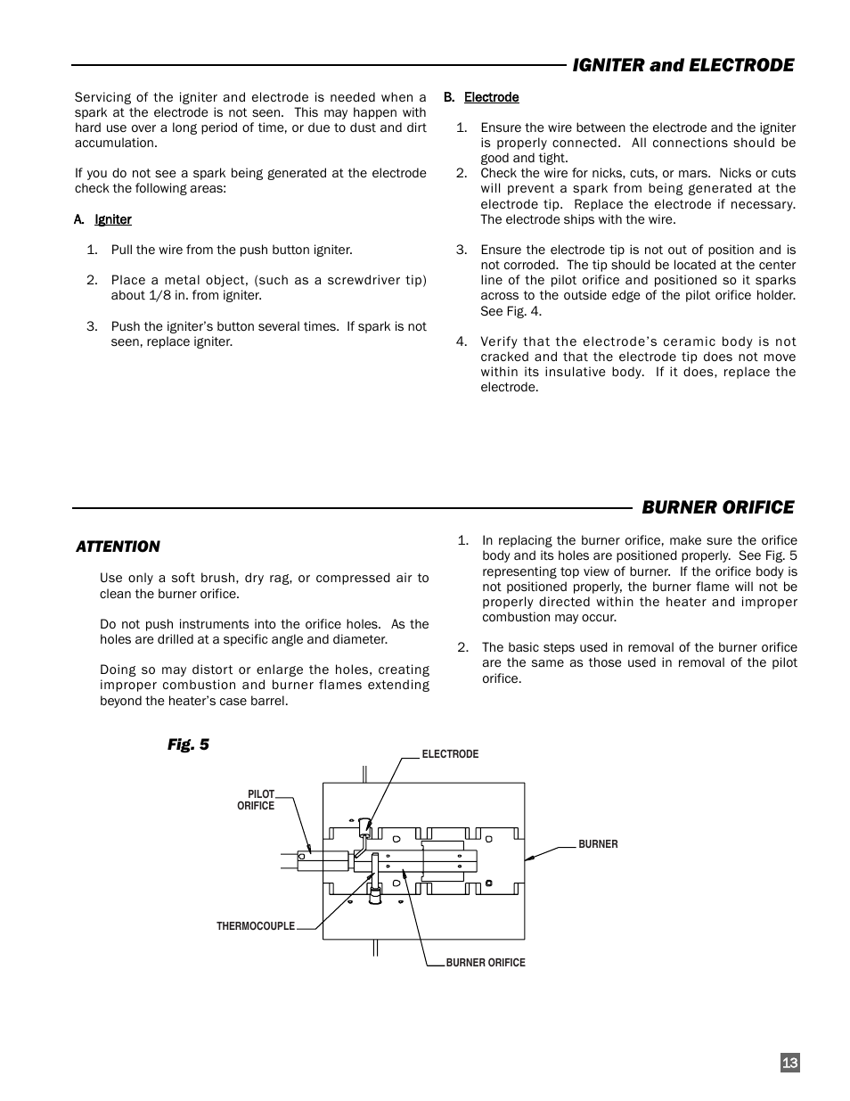 Igniter and electrode, Burner orifice | L.B. White 100 Workman - Standard LP User Manual | Page 13 / 18