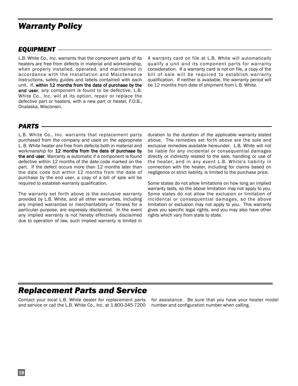 Warranty policy replacement parts and service, Equipment parts | L.B. White 100 Workman - Standard LP User Manual | Page 18 / 18