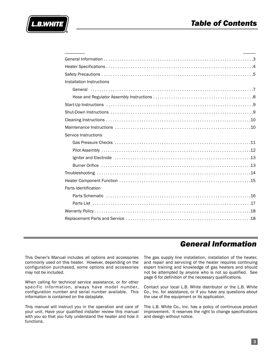 Table of contents general information | L.B. White 100 Workman - Standard LP User Manual | Page 3 / 18