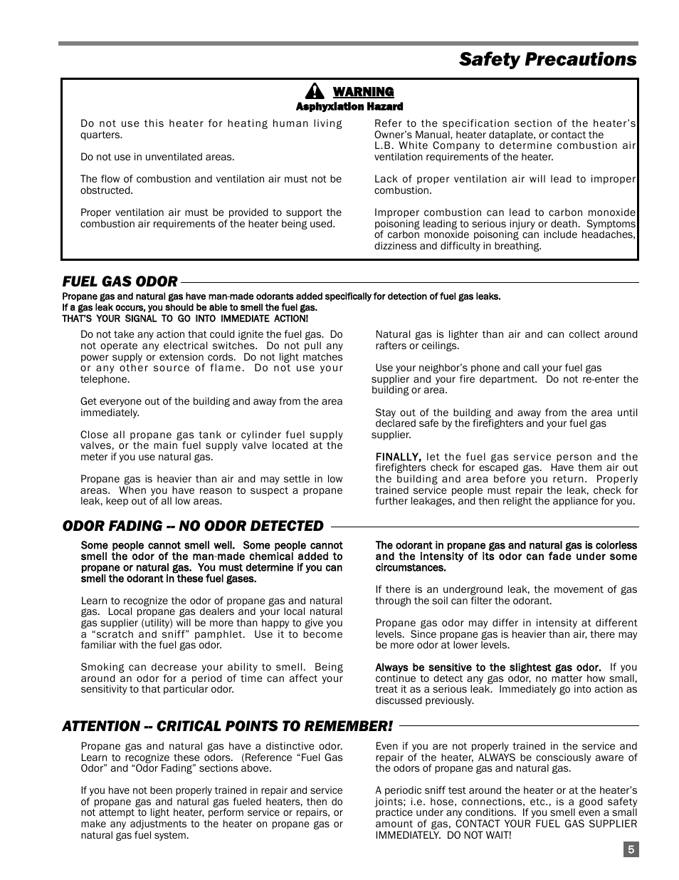 Safety precautions | L.B. White 100 Workman - Standard LP User Manual | Page 5 / 18