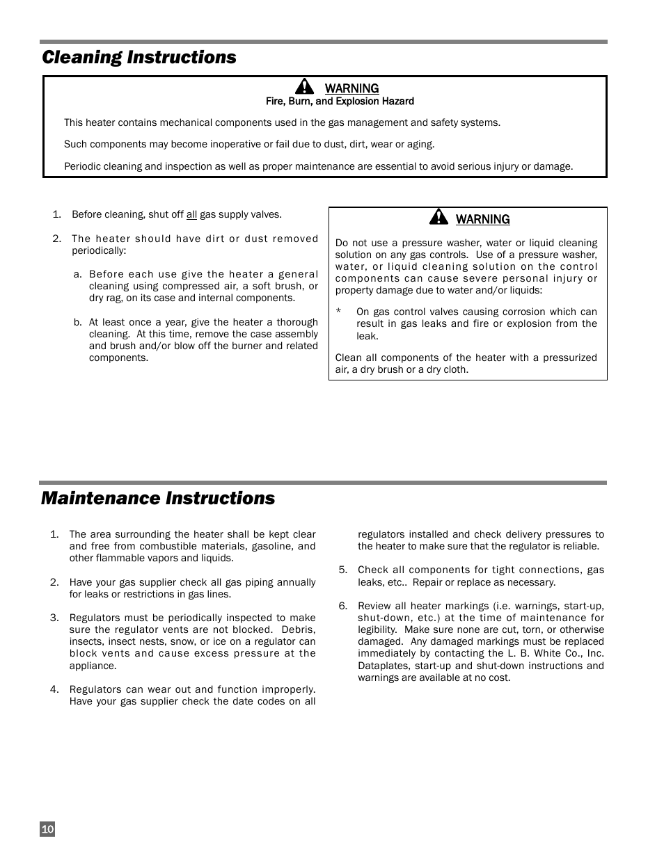 Cleaning instructions maintenance instructions | L.B. White 100 Workman - NG Low Pressure User Manual | Page 10 / 18