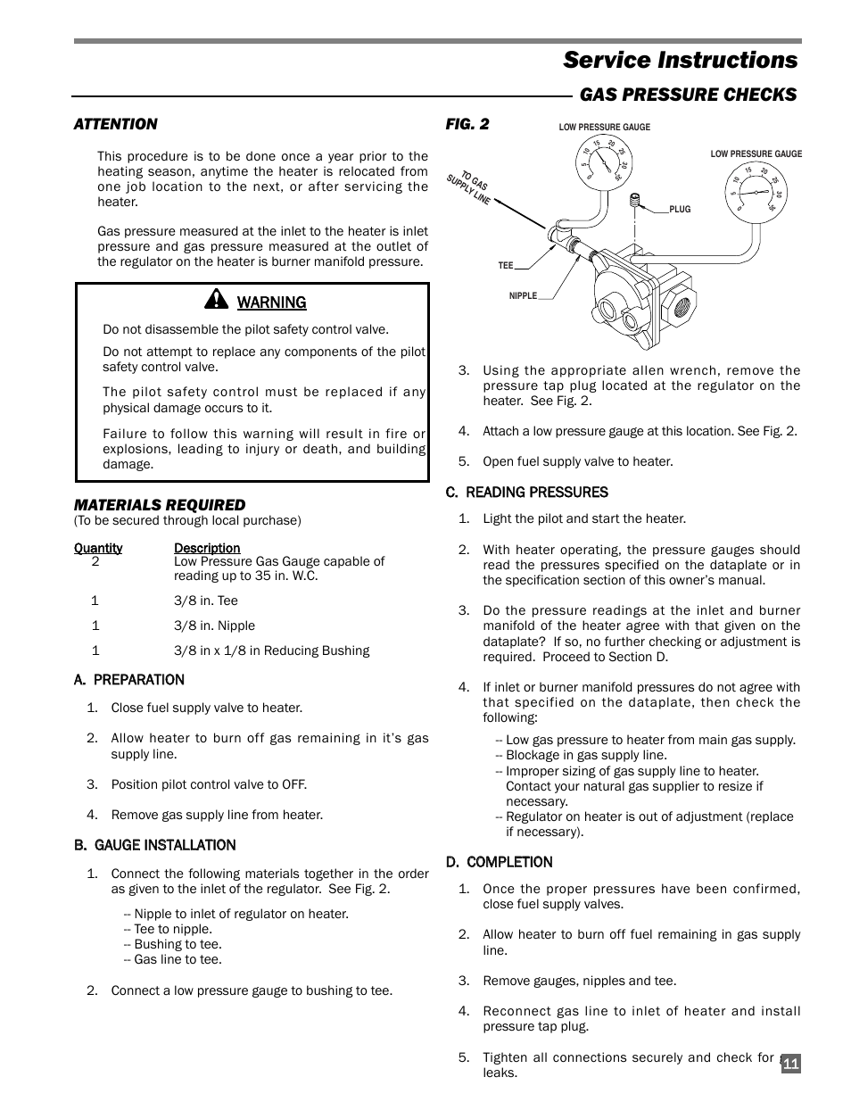 Service instructions, Gas pressure checks | L.B. White 100 Workman - NG Low Pressure User Manual | Page 11 / 18