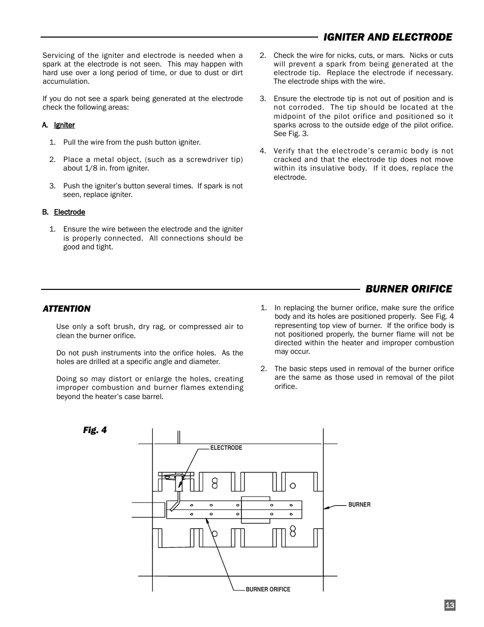 Igniter and electrode, Burner orifice | L.B. White 100 Workman - NG Low Pressure User Manual | Page 13 / 18