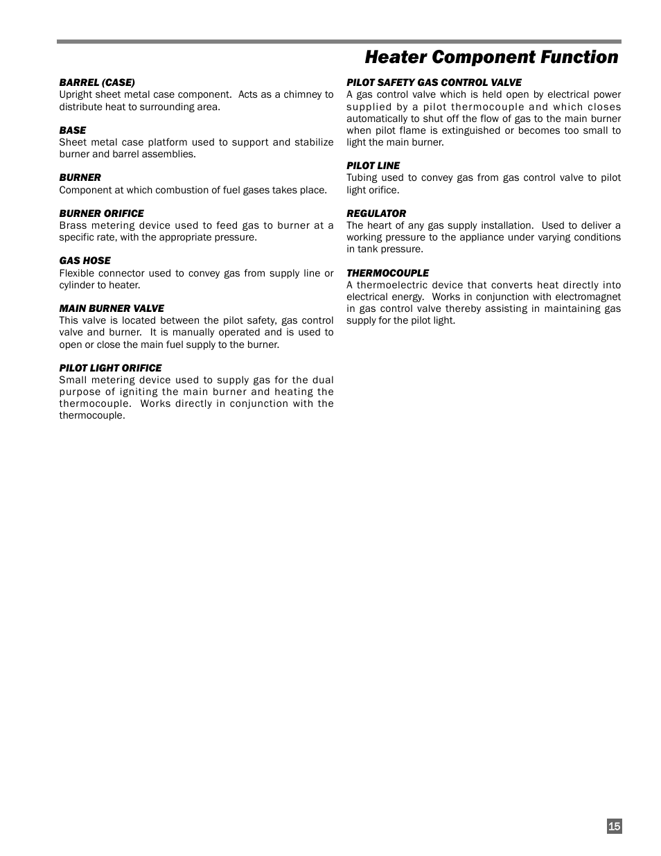 Heater component function | L.B. White 100 Workman - NG Low Pressure User Manual | Page 15 / 18