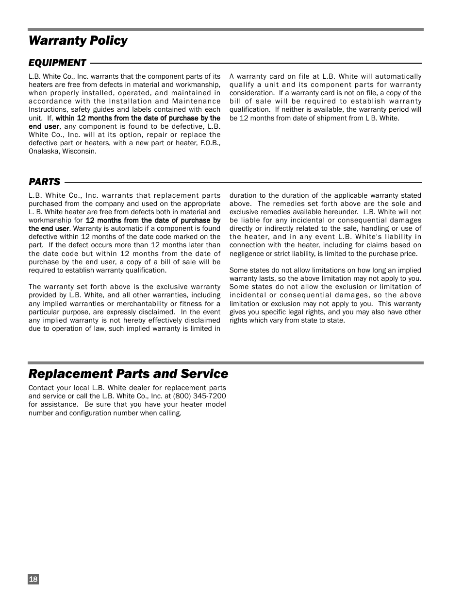 Warranty policy replacement parts and service, Equipment parts | L.B. White 100 Workman - NG Low Pressure User Manual | Page 18 / 18