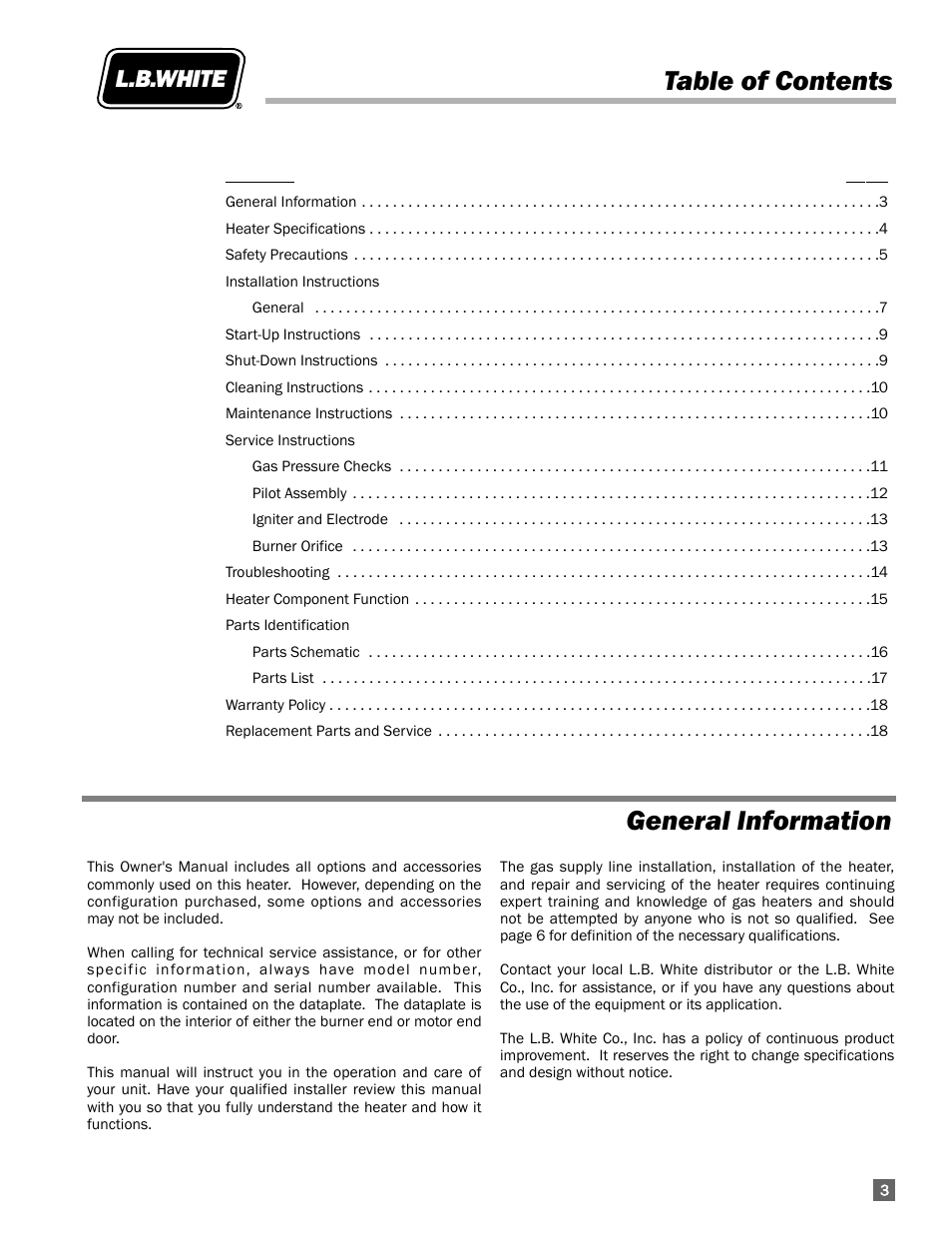 Table of contents general information | L.B. White 100 Workman - NG Low Pressure User Manual | Page 3 / 18