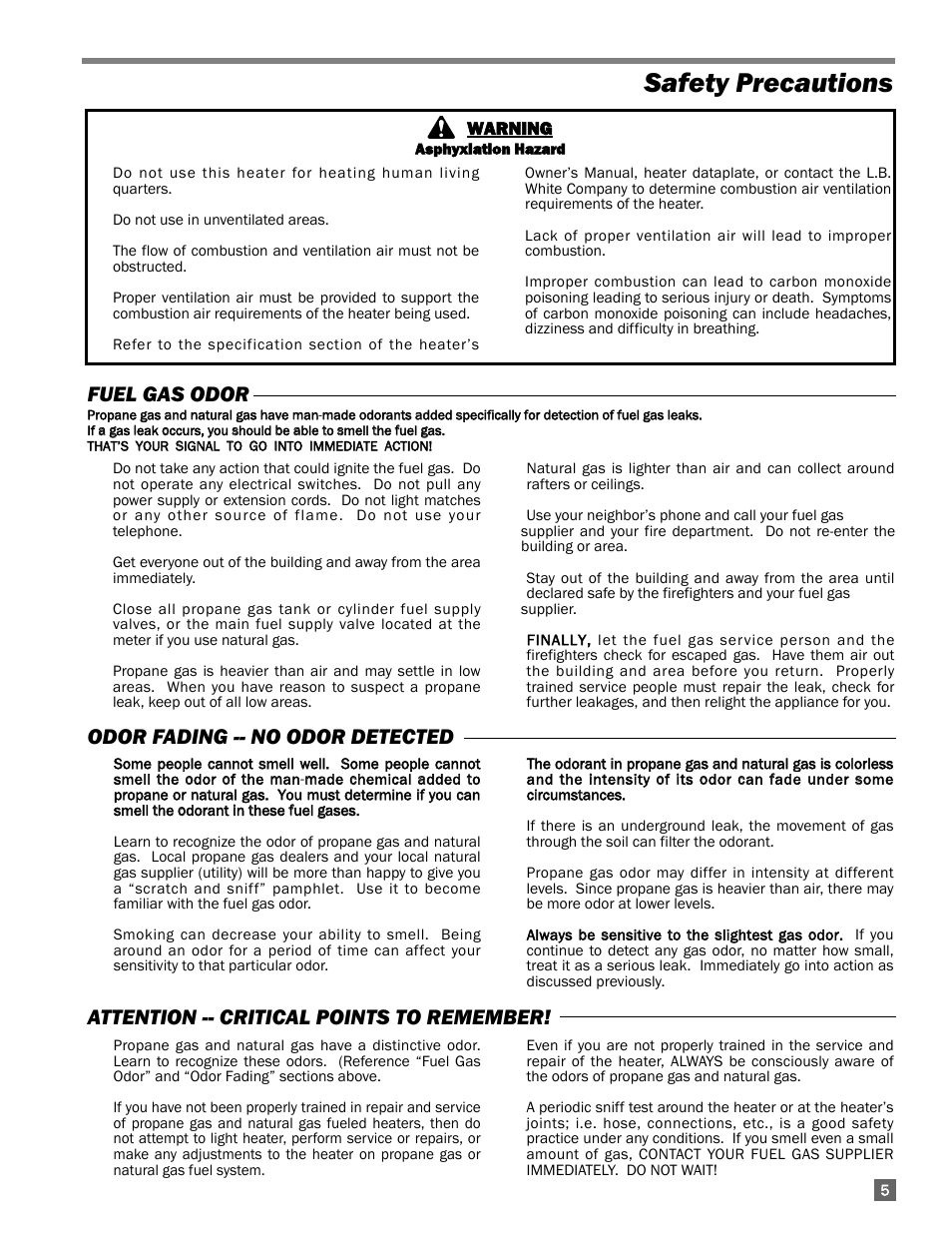 Safety precautions | L.B. White 100 Workman - NG Low Pressure User Manual | Page 5 / 18