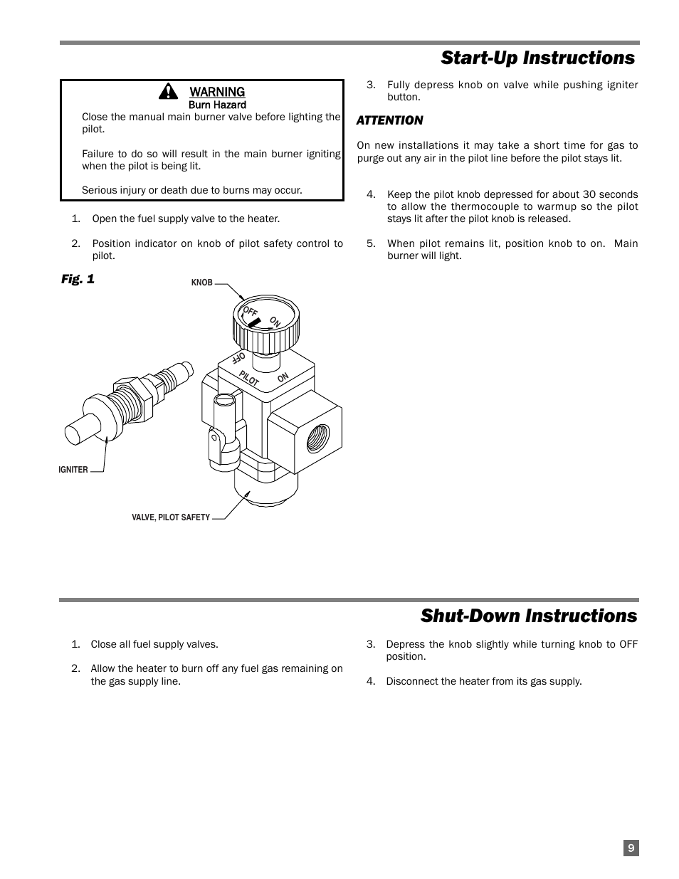 Start-up instructions, Shut-down instructions | L.B. White 100 Workman - NG Low Pressure User Manual | Page 9 / 18