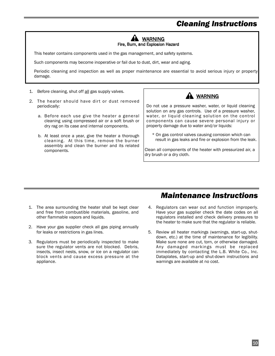 Cleaning instructions maintenance instructions | L.B. White 250 Norseman User Manual | Page 11 / 18