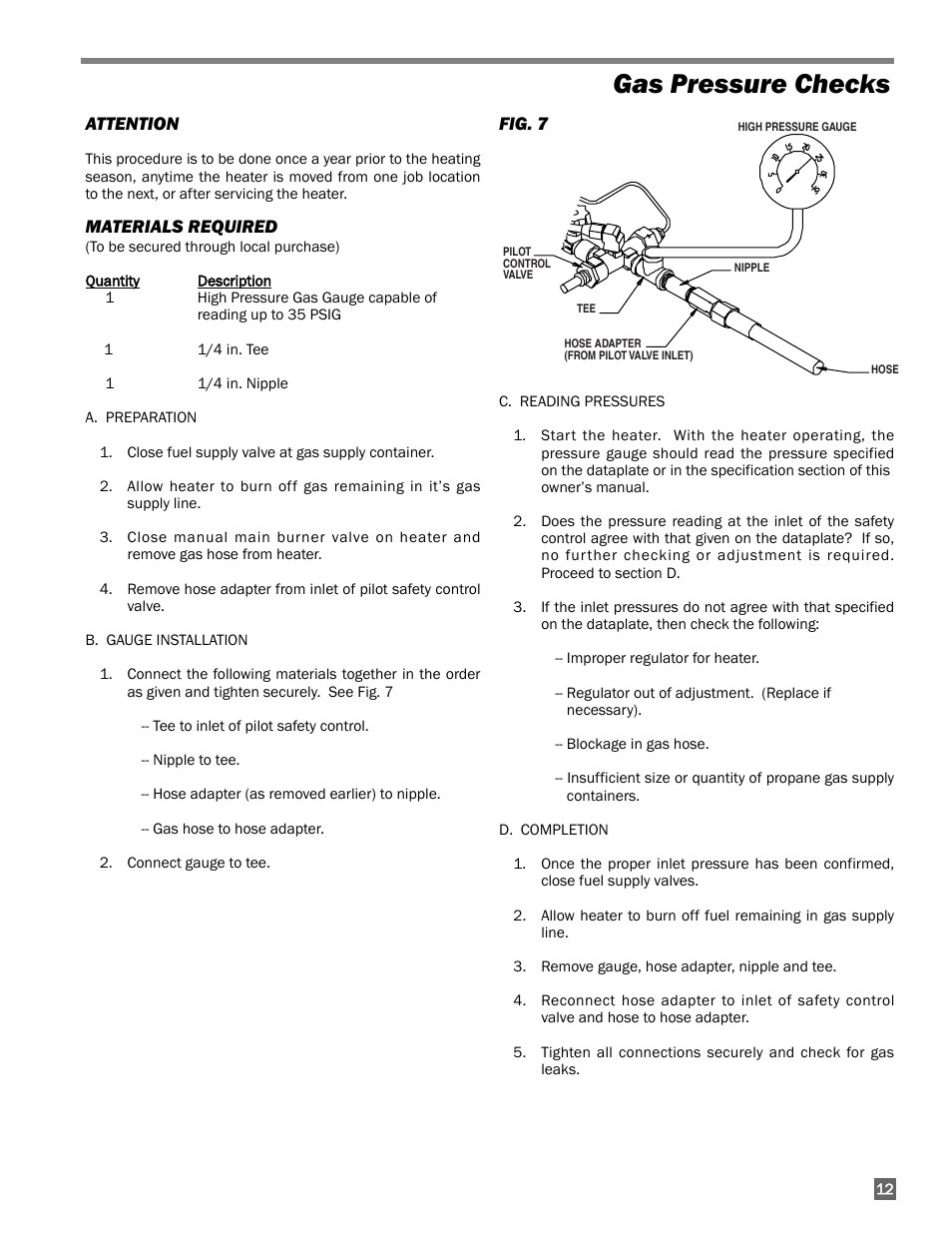 Gas pressure checks | L.B. White 250 Norseman User Manual | Page 13 / 18