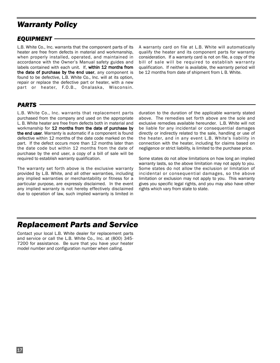 Warranty policy replacement parts and service, Equipment parts | L.B. White 250 Norseman User Manual | Page 18 / 18