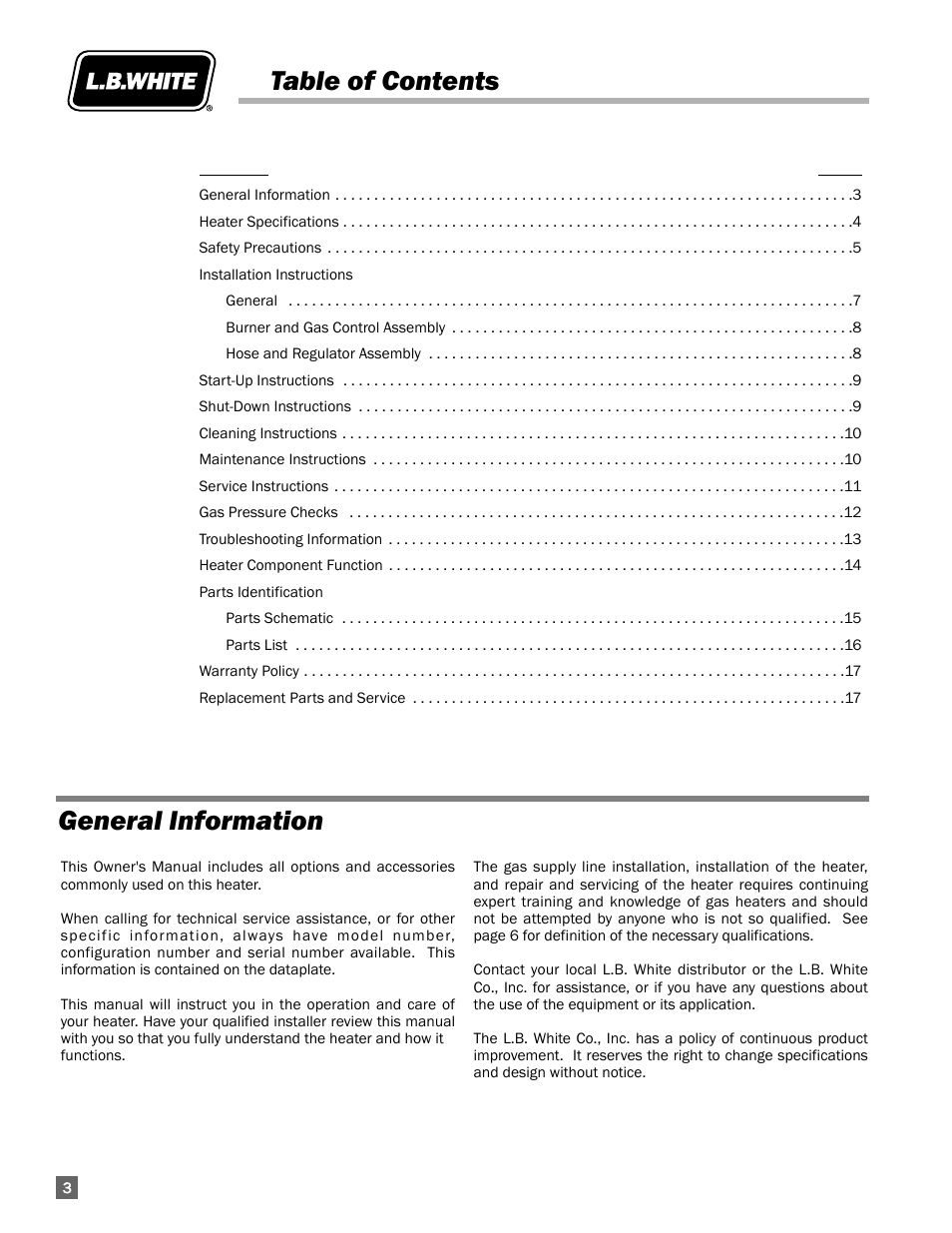 Table of contents general information | L.B. White 250 Norseman User Manual | Page 4 / 18