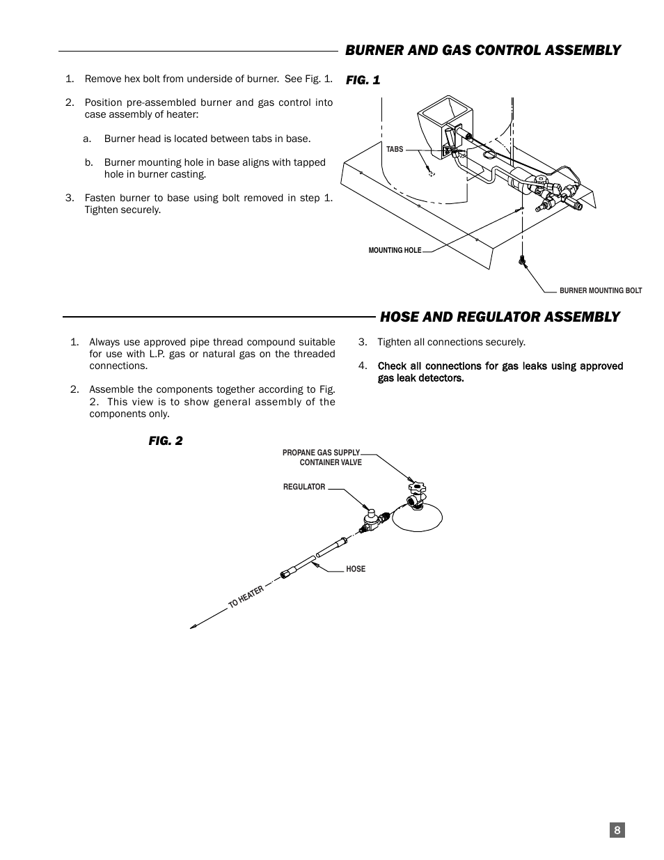 Burner and gas control assembly, Hose and regulator assembly, Fig. 1 | Fig. 2 | L.B. White 250 Norseman User Manual | Page 9 / 18