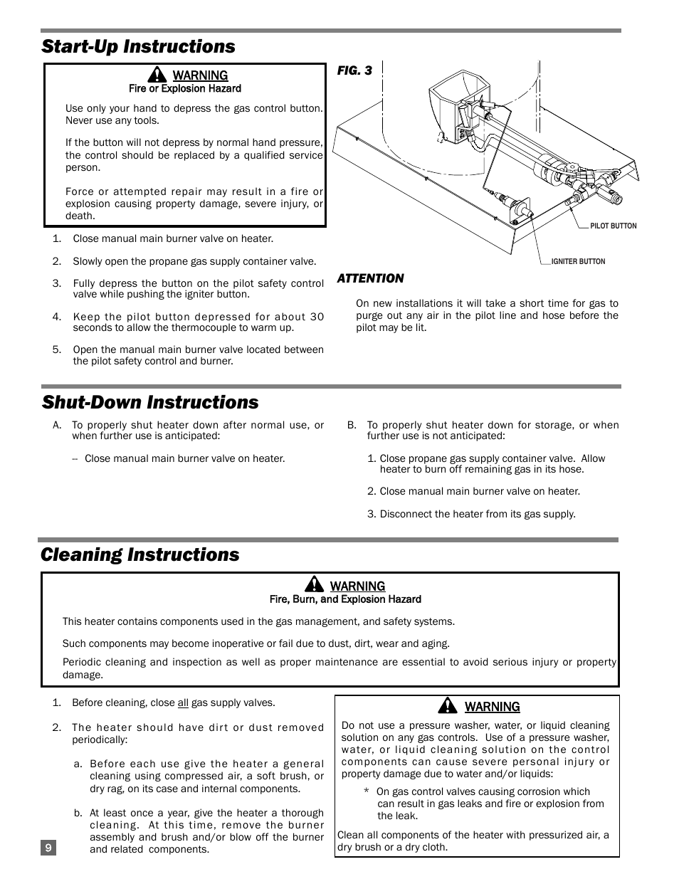 Shut-down instructions, Cleaning instructions, Start-up instructions | L.B. White 200 Norseman User Manual | Page 10 / 18