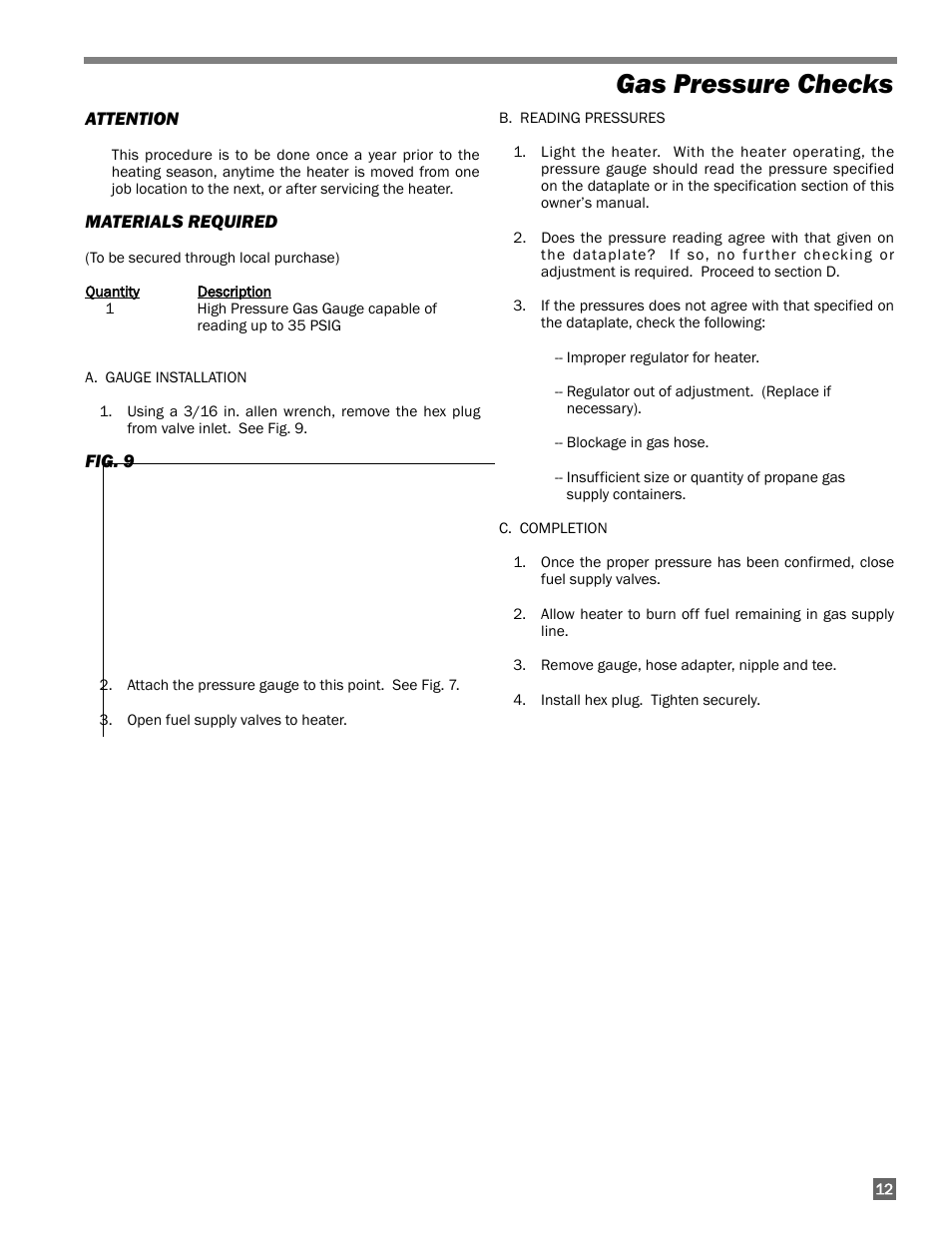 Gas pressure checks | L.B. White 200 Norseman User Manual | Page 13 / 18