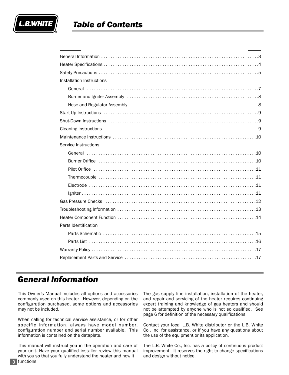 Table of contents general information | L.B. White 200 Norseman User Manual | Page 4 / 18