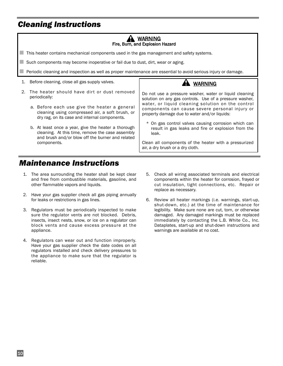 Cleaning instructions maintenance instructions | L.B. White 225 Workman User Manual | Page 10 / 18