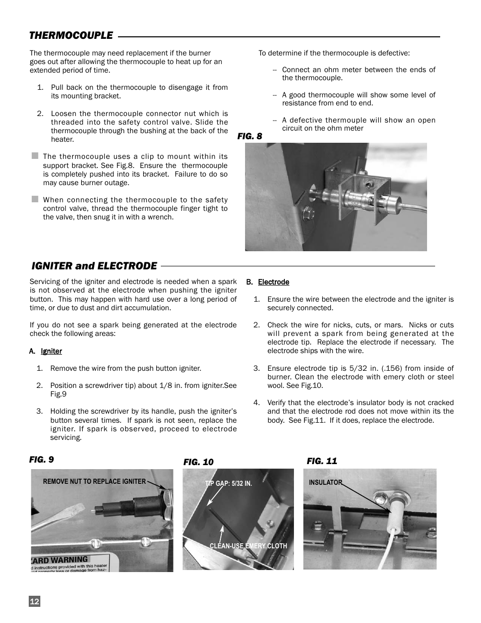 Thermocouple, Igniter and electrode | L.B. White 225 Workman User Manual | Page 12 / 18