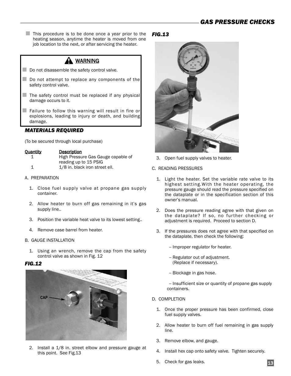 Gas pressure checks | L.B. White 225 Workman User Manual | Page 13 / 18