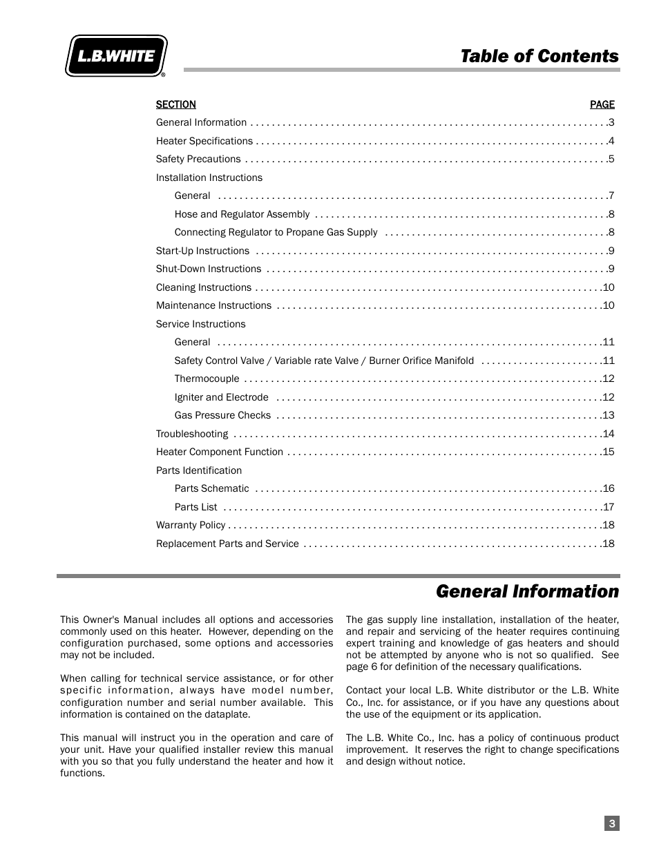 Table of contents general information | L.B. White 225 Workman User Manual | Page 3 / 18