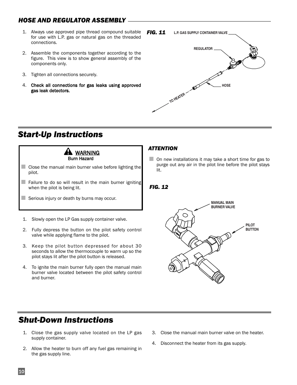 Start-up instructions, Shut-down instructions, Hose and regulator assembly | L.B. White 322 Norseman - Horizontal User Manual | Page 10 / 18