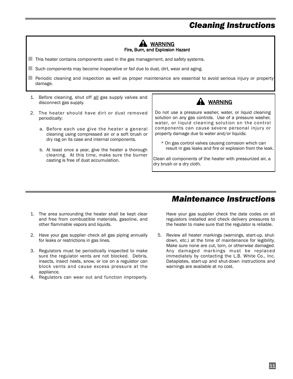 Cleaning instructions, Maintenance instructions | L.B. White 322 Norseman - Horizontal User Manual | Page 11 / 18