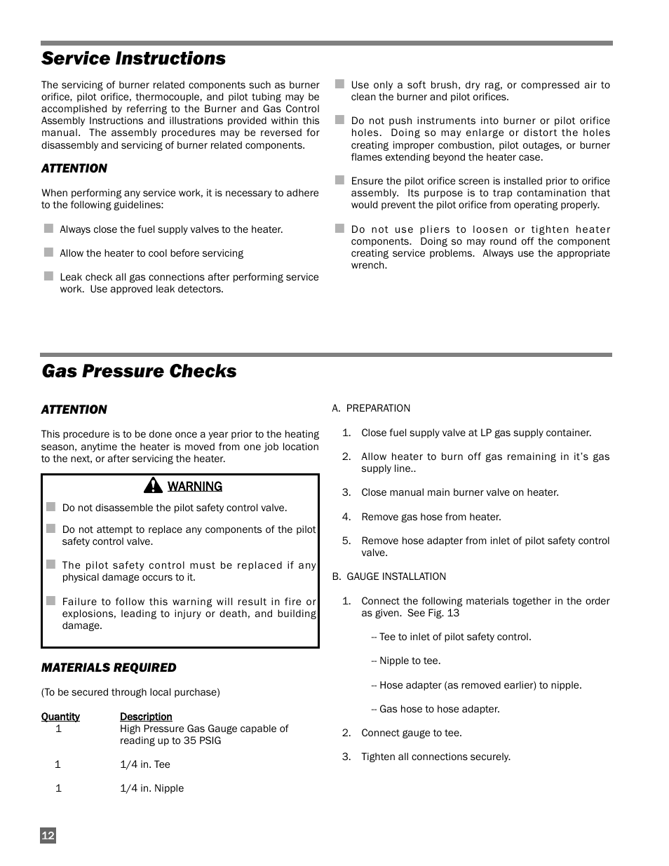 Service instructions, Gas pressure checks | L.B. White 322 Norseman - Horizontal User Manual | Page 12 / 18