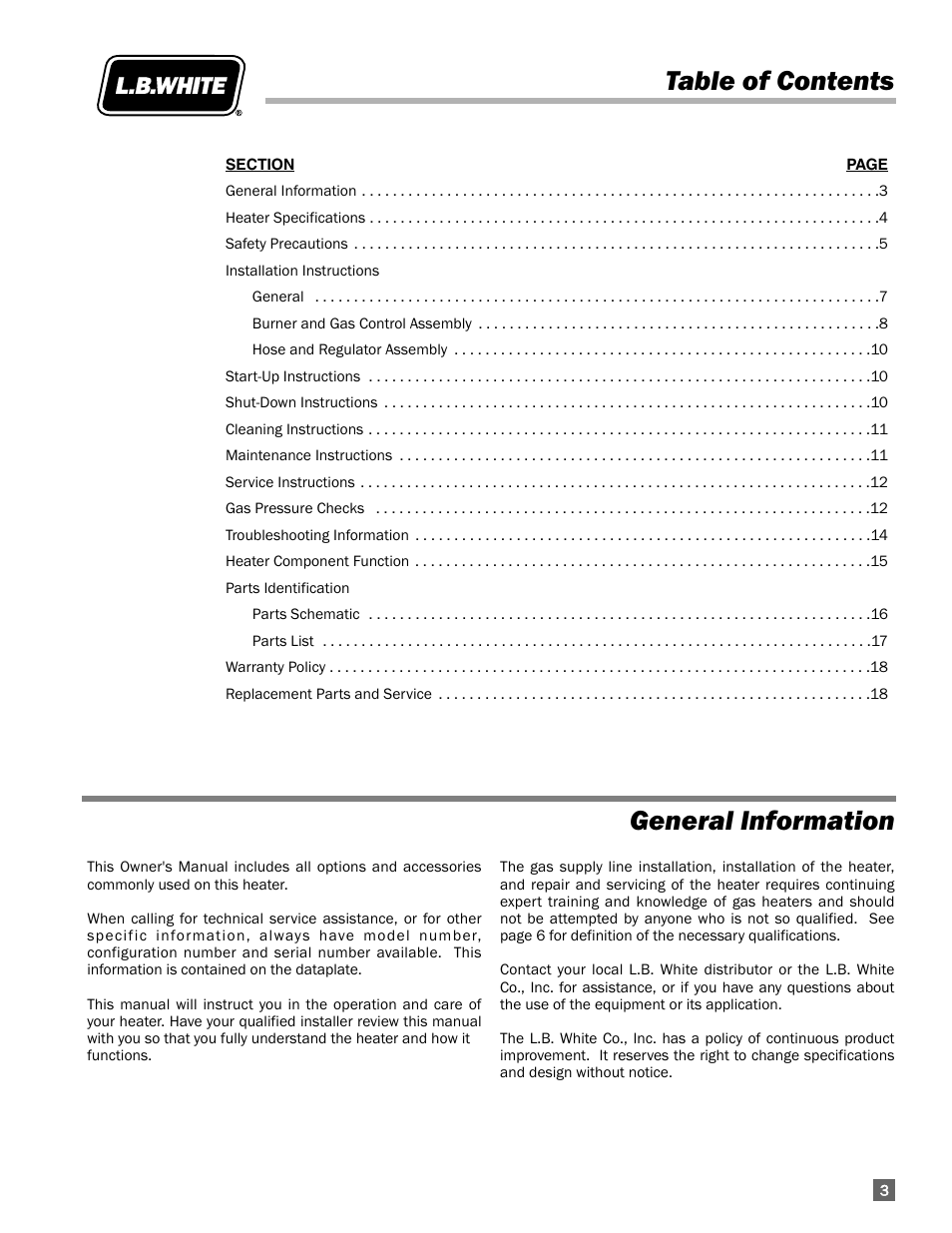 Table of contents general information | L.B. White 322 Norseman - Horizontal User Manual | Page 3 / 18