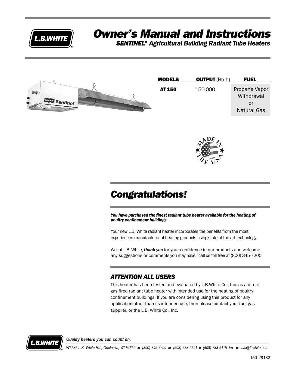 L.B. White Sentinel Radiant Tube AT150 40' Center Mount User Manual | 32 pages